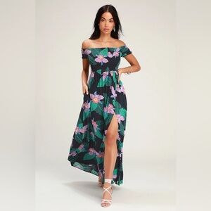 Lulus Patsy Navy Blue Floral Print Off-the-Shoulder Dress, Size S